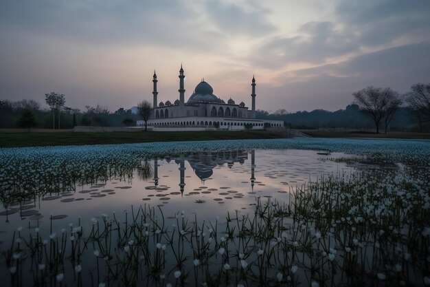 Una moschea in mezzo a un lago con acqua e fiori in primo piano