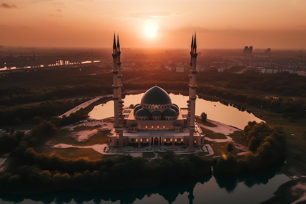 Una moschea in mezzo a un lago con il sole che tramonta alle sue spalle