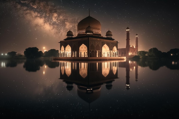 Una moschea in mezzo a un lago con un cielo stellato e le stelle.