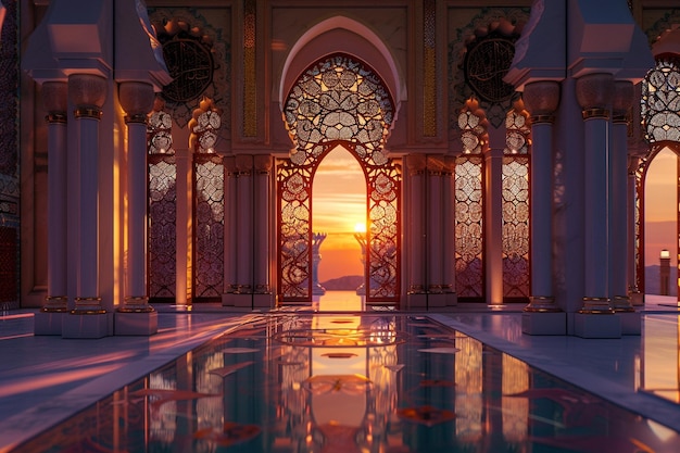 Una moschea intricatamente decorata al tramonto