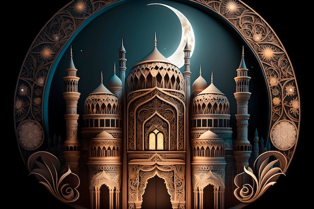 Una moschea islamica di notte con una falce di luna dietro la moschea generativa ai