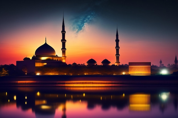 Una moschea la sera con le luci accese.