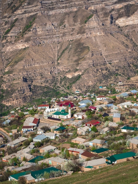 Una moschea nel centro di un villaggio di montagna. Paesaggio e campagna del paesaggio urbano a Goor. Daghestan. Vista verticale.