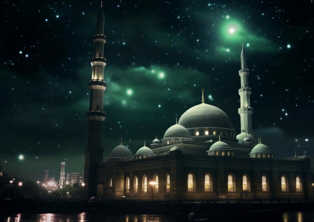 Una moschea nel cielo notturno con le luci accese.