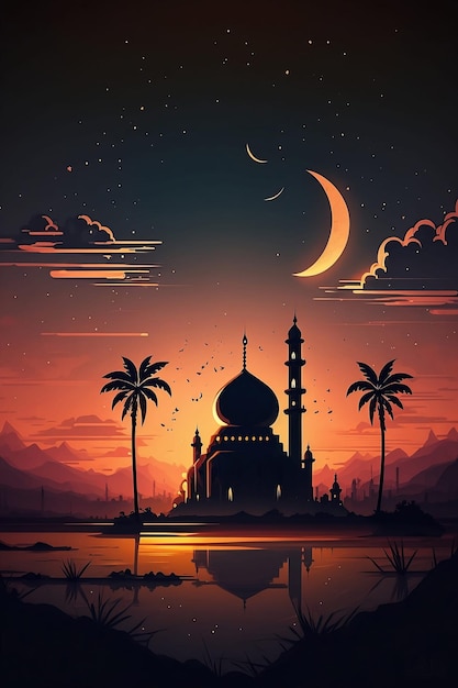 Una moschea nel deserto con le palme e la luna
