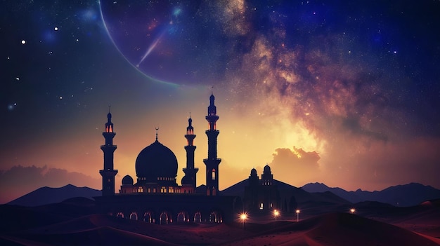 Una moschea nel deserto con stelle e latte