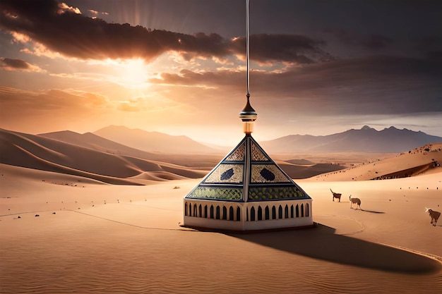 Una moschea nel deserto con un tramonto sullo sfondo