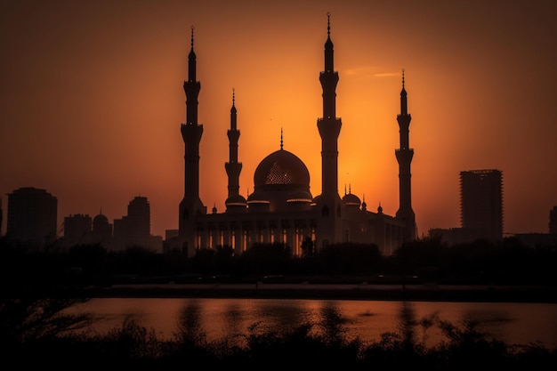 Una moschea nel mezzo di un fiume con lo skyline della città sullo sfondo