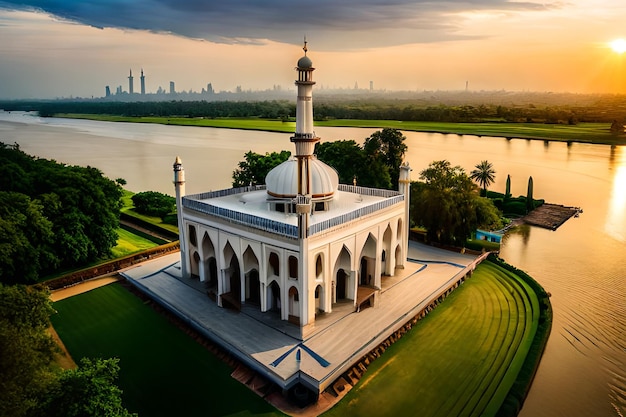 Una moschea nel mezzo di un parco con un fiume sullo sfondo