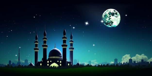 Una moschea nella notte con la luna sullo sfondo