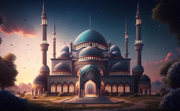 Una moschea nella notte con una luna sullo sfondo