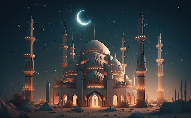 Una moschea nella notte con una luna sullo sfondo