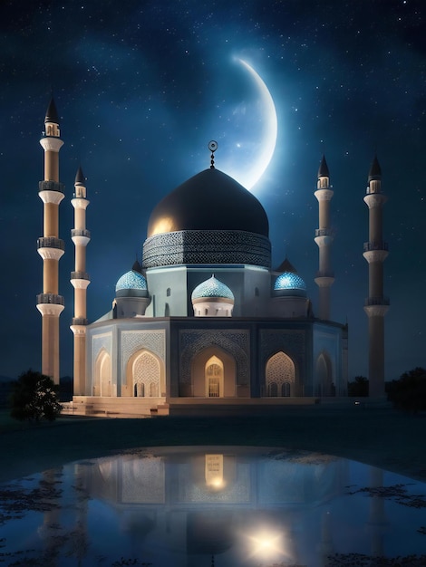 Una moschea pacifica circondata da un cielo notturno pieno di stelle con la luna che brilla luminosa sopra