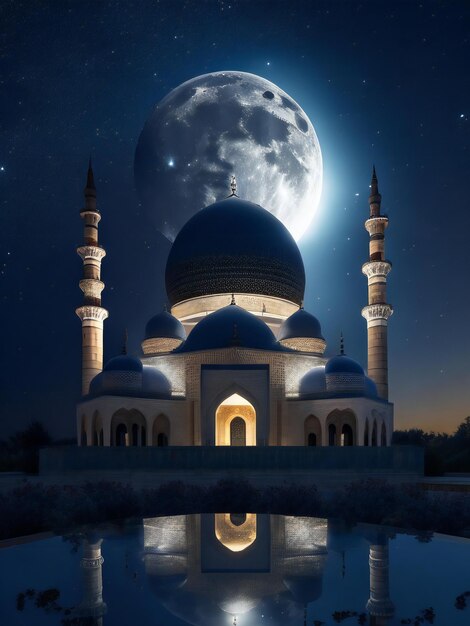 Una moschea pacifica circondata da un cielo notturno pieno di stelle con la luna che brilla luminosa sopra