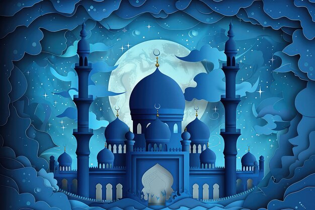 Una moschea si erge alta contro il cielo del crepuscolo con una mezzaluna che splende sopra il bagliore del tramonto crea un'atmosfera magica