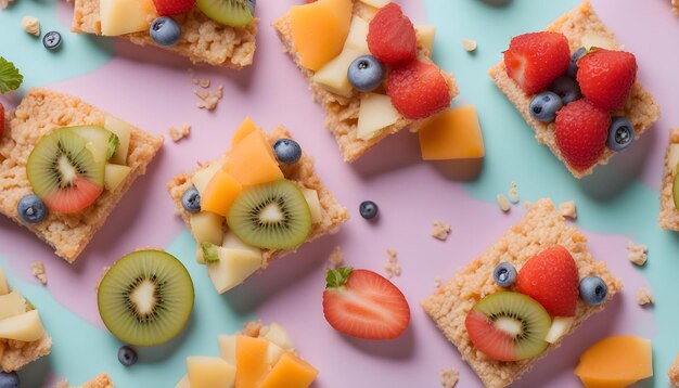 una mostra colorata di frutta e formaggio con un mirtillo e mirtilli