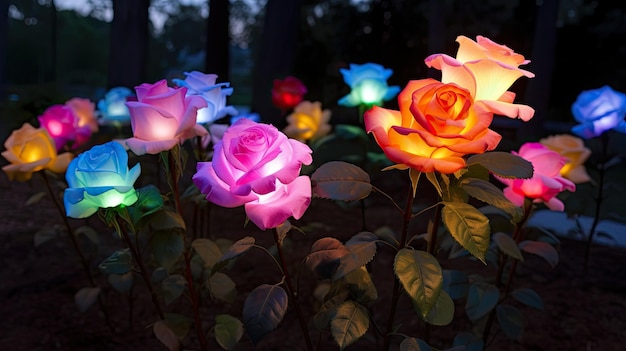 una mostra colorata di rose in un giardino con alberi sullo sfondo.