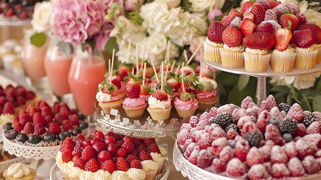 una mostra di cupcake con una mostra di fiori e frutta