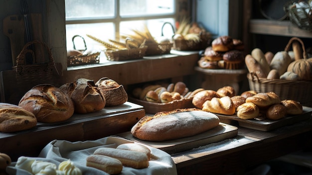 Una mostra rustica di vari pane artigianale appena cotto in una panetteria