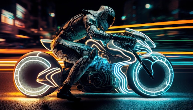 Una moto al neon con sopra un uomo