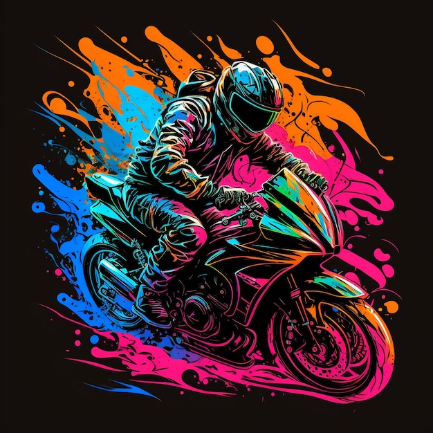 Una moto colorata con un pilota davanti.