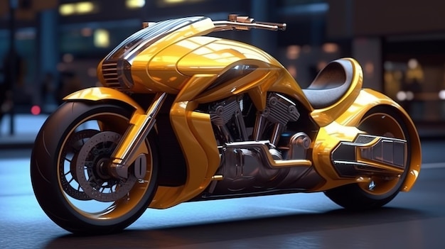 Una moto d'oro con un motore cromato.