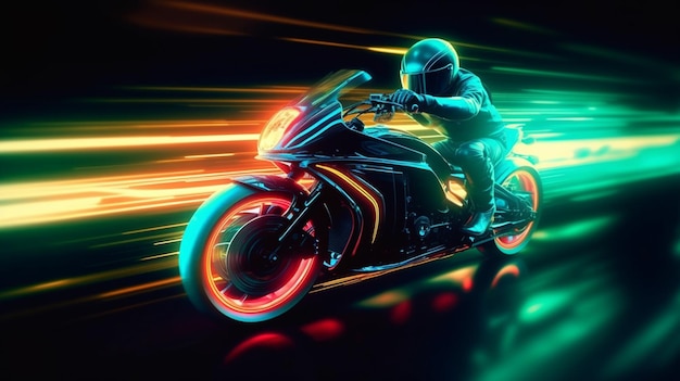 Una motocicletta al neon con un pilota sul retro