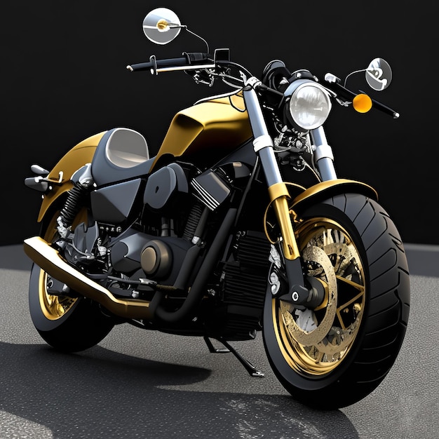 Una motocicletta con finiture dorate e ruote nere è parcheggiata davanti a uno sfondo nero