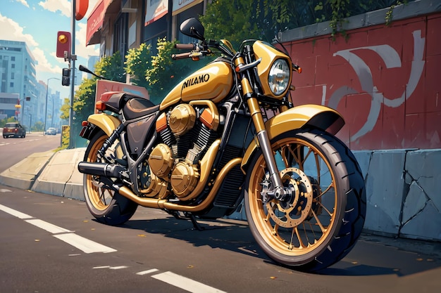 Una motocicletta è dipinta su una strada ed è dipinta in oro.