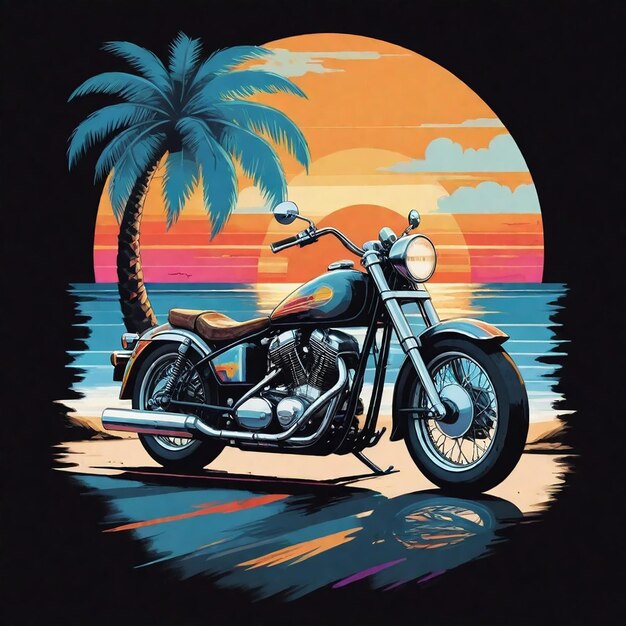 una motocicletta è parcheggiata sulla spiaggia con le palme sullo sfondo