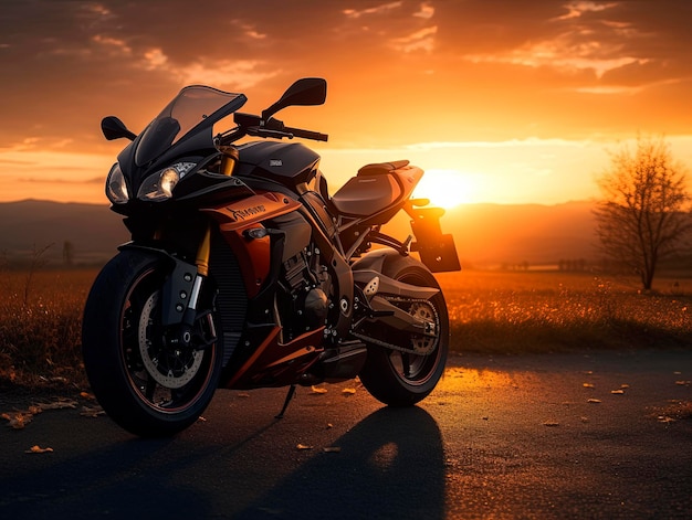 Una motocicletta è parcheggiata sulla strada davanti a un tramonto.