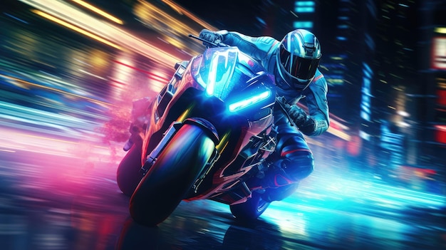 Una motocicletta futuristica che gareggia in una luce al neon