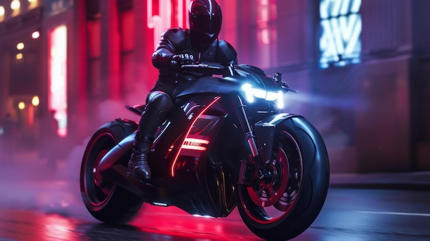 Una motocicletta futuristica si muove lungo una strada buia illuminata al neon La motocicletta è di colore nero e rosso con linee angolari e aggressive È dotata di pneumatici larghi e testa LED AI Generative