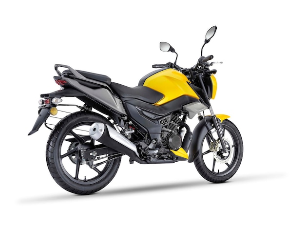 Una motocicletta gialla e nera è mostrata davanti a uno sfondo bianco.