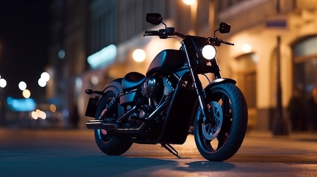 Una motocicletta parcheggiata in una strada della città di notte.