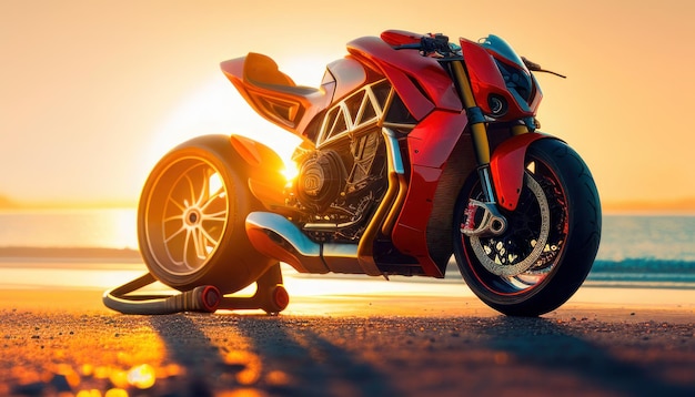 Una motocicletta rossa è parcheggiata sulla spiaggia davanti a un tramonto.