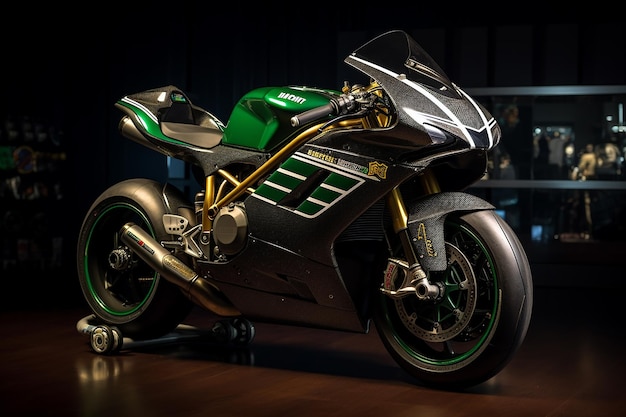 Una motocicletta verde con la scritta lg sulla fiancata.