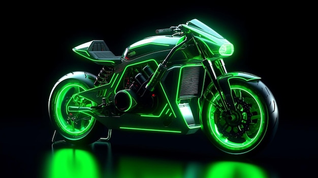 Una motocicletta verde con luci al neon che dice "bici elettrica"