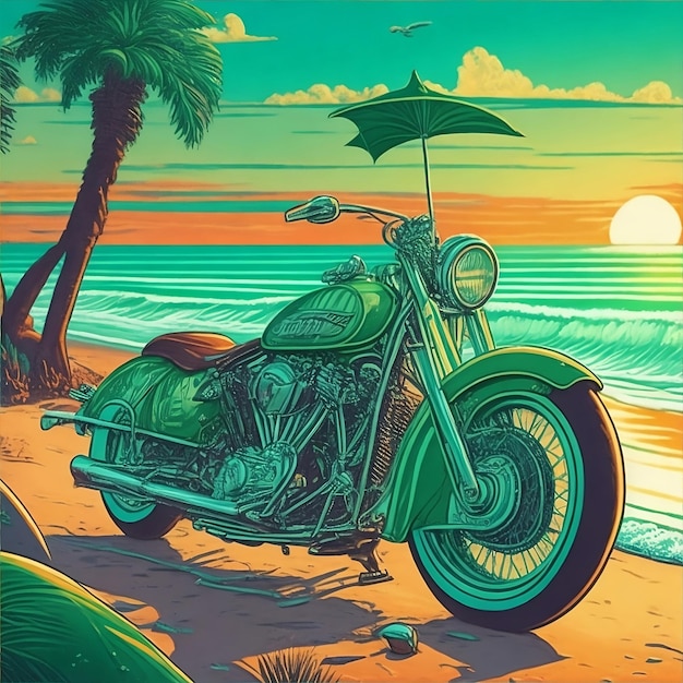 Una motocicletta verde con una palma in cima alla giornata mondiale della motocicletta
