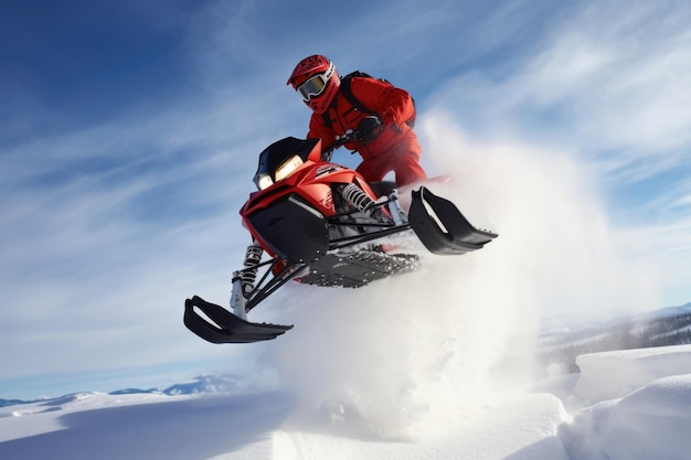 Una motoslitta rossa che salta su un banco di neve