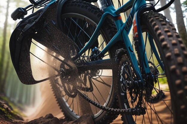 Una mountain bike sta sollevando lo sporco e viene guidata su una pista sterrata.