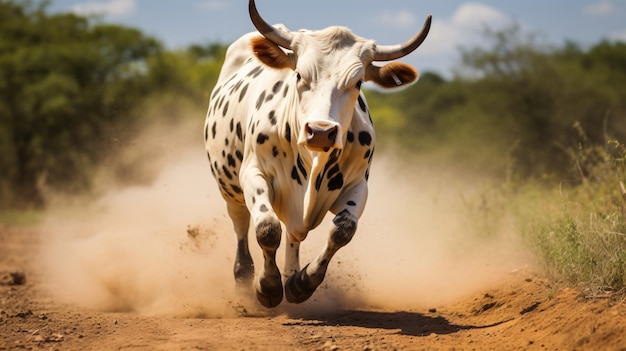 Una mucca adulta che corre a tutta velocità in un safari