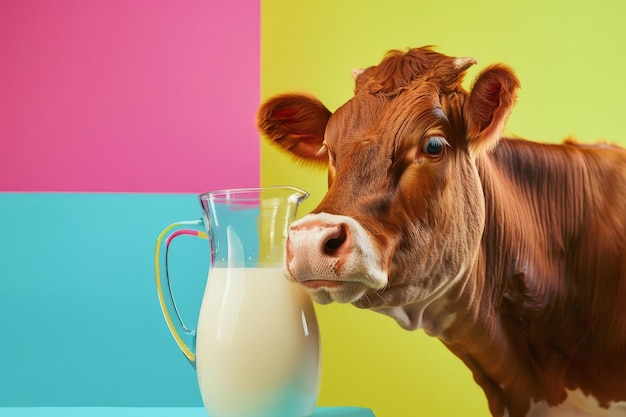 Una mucca allegra e amichevole accanto a una brocca di vetro di latte contro uno sfondo colorato solido