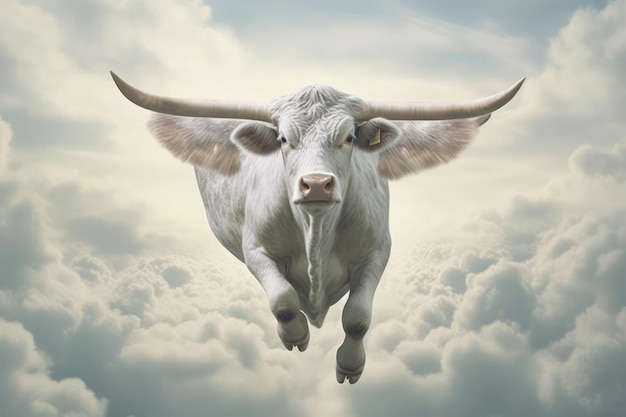 Una mucca bianca con un lungo corno vola nel cielo.