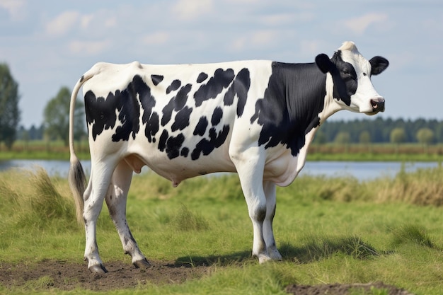 Una mucca bianca e nera su un pascolo