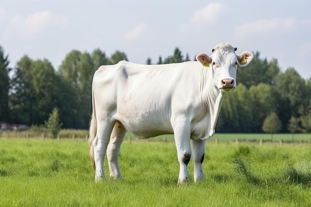 una mucca bianca in piedi sulla cima di un campo verde lussureggiante