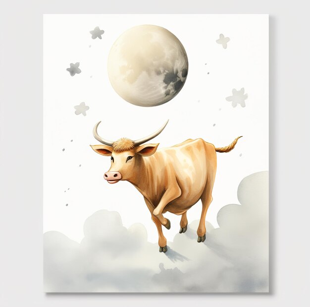 una mucca cammina tra le nuvole con la luna sullo sfondo.