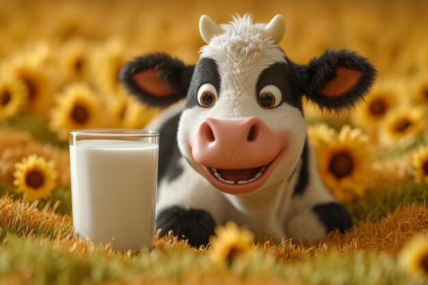 Una mucca carina sdraiata e un bicchiere di latte accanto ad essa illustrazione 3d