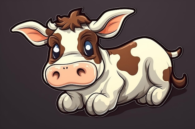 Una mucca cartone animato con una faccia marrone e bianca.