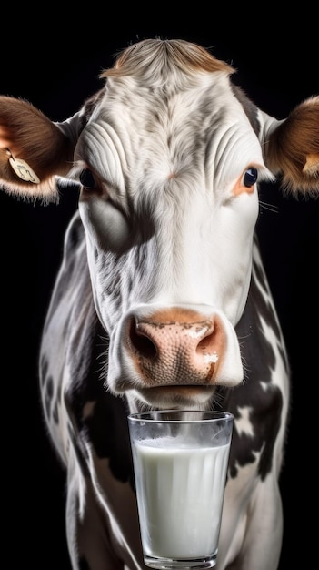 una mucca che beve da un bicchiere con dentro una bevanda